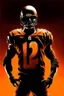 Placeholder: Silhouette of a football linebacker with a skull on front of jersey, orange background, photorealistic