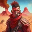 Placeholder: A portrait of a manly man wearing a red armour biker, in a desert with a volcano background. Magic the gathering style art. Diesel punk. Unshaved. No mask.