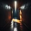 Placeholder: Gloomy corridor at far end door cracked open with bright light glaring out, glare effect, artistic diagonal line composition, tilted, unbalanced, asymmetrical horror surrealism, rich deep colors, trending on Artstation, creepy, eerie