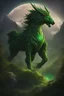 Placeholder: A green mythical creature shaped like a guardian of the high mountain, made of grass branches, leaves and emeralds. Surrounded by legendary peaks at night, voluminous, impressive, unforgettable