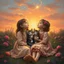 Placeholder: A magical moment in a painterly sunset garden. The two girls sit close together with the three kittens cuddled between them, looking up toward the glowing evening sky. Above them, soft light trails, sparkles, or a glowing star emerge — a touch of fantasy as if nature itself whispers to them. The warm colors wrap around them: coral, gold, rose, and soft blue. The composition feels like the closing page of a gentle fairy tale. Painted with rich oil textures, craquelure, and poetic atmosphere. --v