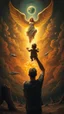 Placeholder: Bosch painting style nightmare, a man holding a baby up toward a beautiful angel in the sky , a nuclear explosion and an alien spacecraft in the background, rear view , dramatic sad scene, fantasy, scary.