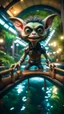 Placeholder: fish-eye photo of furry hairy pimp rocker alien gremlin on bridge over water slide magically levitating in dark lit reflective wet jungle hall dome hotel tunnel, in the style of fallout 4 game,bokeh like f/0.8, tilt-shift lens 8k, high detail, smooth render, down-light, unreal engine, prize winning