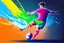 Placeholder: Oil painting, full body of a soccer player, he is kicking the ball, the ball is flying, bright but not neon colours, dynamic lines, dynamic blobs, spots, lines in the background of the character, splash like a colour explosion