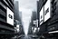 Placeholder: greyscale cityscape; many large white billboards populate the city with black block lettering with single word text "BIOMORPH", or "CB", or "SPATCHCOCK", or "TANGUY", or "SURREAL", 'They Live' movie by John Carpenter movie still, modern movie city panoramic, concept art