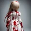 Placeholder: A girl's doll wearing a white dress with red blood bleeding from the back