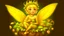 Placeholder: Fantasy art: A small, cute, cheerful fairy with golden hair, sitting in a small basket. The basket is actually an earring on the ear of a big giant.