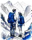 Placeholder: traveler young man and woman with backpack ,mountain background, Drawing with a blue ink pen Inspired by the works of Daniel F. Gerhartz, with a fine art aesthetic and a highly detailed, realistic style