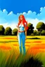 Placeholder: full body and headshot of a skinny young woman, with long straight red hair, standing in an open field, surrounded by trees, Frank Franzetta