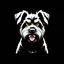 Placeholder: an angry scruffy black terrier on black background, yellow eyes, defined teeth, 30% lighter, vector illustration