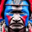 Placeholder: portrait photo of a asia old warrior chief, tribal panther make up, blue on red, side profile, looking away, serious eyes, 50mm portrait photography, hard rim lighting photography–beta –ar 2:3 –beta –upbeta –upbeta