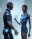 Placeholder: detroit become human, man, young women AI looking at each other, real Handshake, sci-fi fantasy style, volumetric lighting, particales,highly detailed,cinamatic, deep colours,8k.