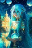 Placeholder: A beautiful girl with glowing starry eyes. And with turquoise hair decorated. And full body. Holds 10 glowing glass beads with a moon inside .girl void. full body Glowing golden eyes and white hair. Standing on a land of water embellished with sapphires and ornate trees. And beautiful buildings. And a sky full of star. realistic