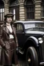 Placeholder: young woman with straight shoulder-length hair, dressed in brown leather trousers and waistcoat, leather gloves and a fascinator in an old industrial courtyard, next to a steampunk steam car