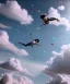 Placeholder: Ultra realistic speed clouds sky scene, wide angle view, sweet men falling down with many Childs, feather color clothing, free jumping flying, many trinkets, hair monster, many jelly beans, balls, color smoke, smile, happy, circus style, extreme, wind, clouds sea, 20,000 feet altitude, stratosphere, soft color, highly detailed, unreal engine 5, ray tracing, RTX, lumen lighting, ultra detail, volumetric lighting, 3d, finely drawn, high definition, high resolution.