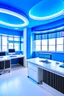 Placeholder: The office desks are hung on the walls in an oval shape, and the color of the walls is blue and the floor is white