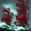 Placeholder: 11 pirate warriors in dark red armor, charging off their ship, a highly detailed illustration, background of giant crashing ocean waves, realistic render, 8 k, micro detail, intricate, elegant, centered, digital painting, Artstation, smooth, sharp focus, illustration, artgerm, tomasz alen kopera, peter mohrbacher, donato giancola, joseph christian leyendecker, wlop, boris vallejo