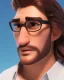 Placeholder: man in round glasses, wavy hair, slim, tie, two tone colours, detailed, realistic, handsome, square jaw, big brows, bird on the shoulder, spotlight