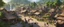 Placeholder: A busy outdoor village market, in a beautiful outdoor countryside summer scene, with distant hills & fields, many intricate dwellings, many animals, many pathways & stairways, waterfalls, & a waterwheel : very high detail, photorealistic, epic cinematic, 8K, Large depth of field