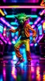 Placeholder: sexy stunt funky punk hippy hairy alien pimp tap dancer fashion gremlin in the middle of crazy dance moves dancing on buss parked in dark neon lit reflective wet arcade hall tunnel,bokeh like f/0.8, tilt-shift lens 8k, high detail, smooth render, down-light, unreal engine, prize winning