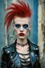 Placeholder: photo of a beautiful Polish young punk woman taken by a Mamiya M645 camera with portrait lens on colour medium-format film, red lips, blue eyes, red mohawk, black leather jacket, Ramones style, heavy boots, fishnet stockings, torn t-shirt, nosering, few earrings, belly ring