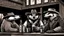 Placeholder: Anthropomorphic American badger wearing a cowboy hat and having a whiskey at the saloon with his other anthropomorphic animal buddies. Illustration.