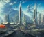 Placeholder: Spaceport on a heavy industrialized planet with a vibrant city in the background and a starting spaceship in the foreground, art by John Berkey, buildings with glass facades, Brutalität architecture, insanely detailed, vibrant, 8k uhd, cinematic atmosphere, ultra-wide angle, street level view, brush strokes, blue sky with clouds, sharp focus, centered