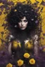 Placeholder: abstract creation of a beautiful girl with black curly hair, surrounded by black roses, wrapped in thick metal chains, glass petals on the ground, autumn and bright yellow and purple colours,dried out thorn bush, chaos,