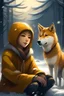 Placeholder: a japanese woman, sits next to golden shiba dog, winter, snow, we see her face, crystal, happy, digital art, 4k