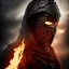 Placeholder: warrior walking into the flame, cinematic, HDR, highly detailed, mask cover whole face and hood, scull mask, ProPhoto RGB, Half rear Lighting, nsane details, intricate details, 32k, Super-Resolution, DOF, Color Grading, Depth of Field, ghost, messenger of death, non photorealistic rendering