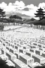 Placeholder: landscape, Japanese open air flat cemetery with thousand Japanese gravestones, high detail, manga style, grayscale