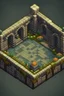 Placeholder: isometric dungeon with ruins and vegetation on the walls. Hand painted, full of details