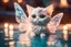 Placeholder: cute chibi cat fairy in a pool in spa in candlelight, ethereal, cinematic postprocessing, dof, bokeh