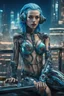 Placeholder: A beautyful biomechanical woman with tranparent glass body and blue hair, sitting in the cyberpunk rooftop bar in futuristic city, intricate details, HDR, beautifully shot, hyperrealistic, sharp focus, 64 megapixels, perfect composition, high contrast, cinematic