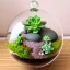 Placeholder: overfilled succulent terrarium in a glass orb, highly detailed, intricate, pebbles, pastel colors, warm lighting, linen backdrop