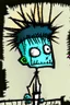 Placeholder: 2d drawing of a stickman, cool with punk hair, x eyes like in hangman, driving a porch, 3d realistic in colour