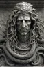 Placeholder: sculpture of handsome man with long curly hair and a snake , front view . decayed and rotting with grotesque proportions and imagery. abstract grotesqueries, detailed texture, surreal horror, biomechanical design, by hr giger and beksinski