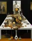 Placeholder: human body, universe-like table,complex surgical instruments mixed with human body-like musical instruments,minimalism,Painting By Adrian Ghenie, Rene Magritte, Salvador Dali, Lucian Freud