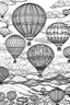 Placeholder: Stress Relief coloring page for kids, Dreamy hot air balloons floating over rolling hills, cartoon style, thick outline, low details, no shading, no color