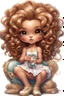 Placeholder: An adorable air brushed cartoon chibi Leo girl sitting crossed-leg, holding a tiny mirror and applying brown lipstick with precise care. Concentrating hard, her giant curly mane and poofy dress give her a cute lion cub look. Despite her small stature, her proud posture and flair represent her lion-like personality.