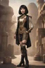 Placeholder: full-body-art of a woman with a bob with a fringe hairstyle, Cleopatra clothing, black knee-high boots, steampunk city background