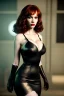 Placeholder: Christina Hendricks dressed in black leather gown, frank miller sin city, busty, cleavage, volumetric lighting, particales,highly detailed,cinematic, deep colours,8