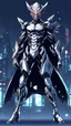 Placeholder: silver skinned anime Dragman cyberpunk with dragon mask in his eyes full body