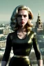 Placeholder: retro portrait image from 1960, Moscow background, wind, long hair, fighting stance, sweet young Scarlett Johansson, classic black tight lycra suit, metal stick weapon, gold bracelet and belt, high heel boots, soft color, highly detailed, unreal engine 5, ray tracing, RTX, lumen lighting, ultra detail, volumetric lighting, 3d, finely drawn, high definition, high resolution.