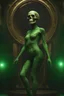 Placeholder: inspired by all the works of art in the world - A Fantastical Heavy Metal Rock and Roll Comedy in 3 notes - Zym Fandell, an extremely tiny, thin, voluptuous beautiful skull-faced Green Martian female, full body image, wearing a skinsuit, Absolute Reality, Reality engine, Realistic stock photo 1080p, 32k UHD, Hyper realistic, photorealistic, well-shaped, perfect figure, perfect face, a multicolored, watercolor stained, wall in the background,