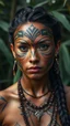 Placeholder: ultra HD shot of a strong young woman with a mask Mayan features, tribal tattoos, textured copper skin, tribal jewelry, large, Background of the figure in a jungle environment.