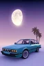 Placeholder: 1980's aesthetic vaporwave palm trees with lighting with moon with bmw in the winter snow