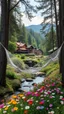 Placeholder: A houses and building city in side Hammock in the wood above a water stream and a flowers field
