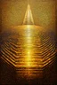 Placeholder: "Cymatics meets ancient architecture" is an artwork showing that at 220Hz, the ripple tank glows with golden light as a crystal lattice forms, a square-shaped pattern with 3D depth, its edges stepping down like a ziggurat; Modern Celestial Symbolic Art with a golden color palette inspired by Gustav Klimt