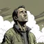 Placeholder: man, chevy chase, looking at the sky, looking serious, comic book, post-apocalypse, grey background, illustration,
